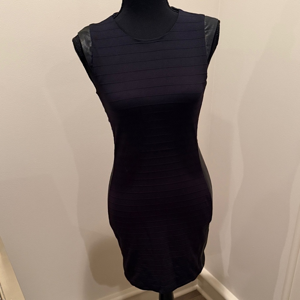 La Pina Elegant Black Sleeveless Dress with black leather trim